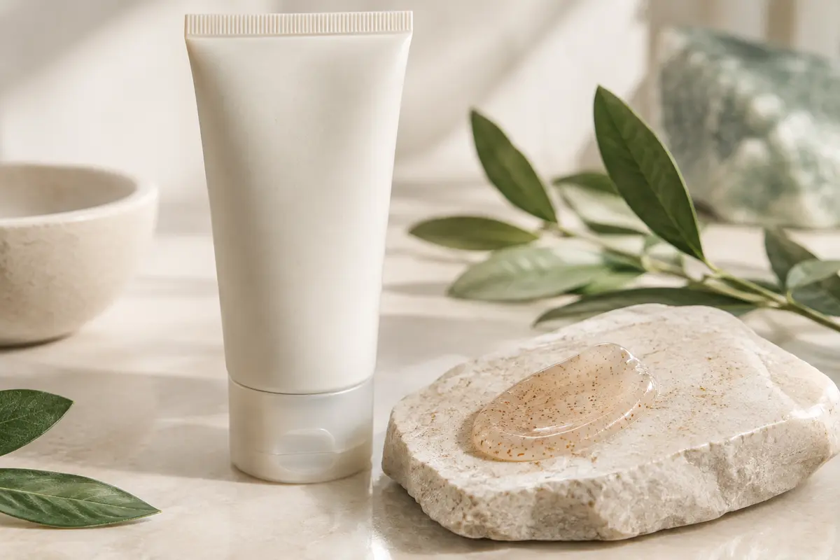 Gel exfoliant visage à micro-grains présenté près d’une noisette de gel sur une pierre claire.