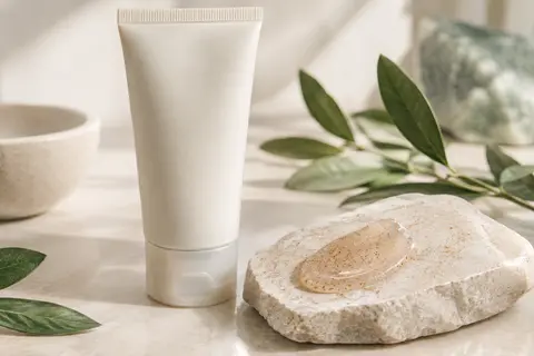 Gel exfoliant visage à micro-grains présenté près d’une noisette de gel sur une pierre claire.