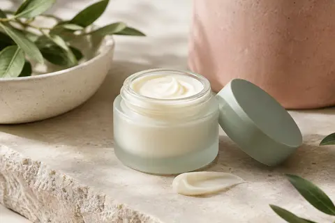 Crème de jour à la texture légère présentée sur une pierre claire, avec quelques feuilles discrètes