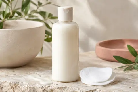 Flacon de lait démaquillant posé sur une pierre claire, avec un coton et quelques feuilles discrètes.