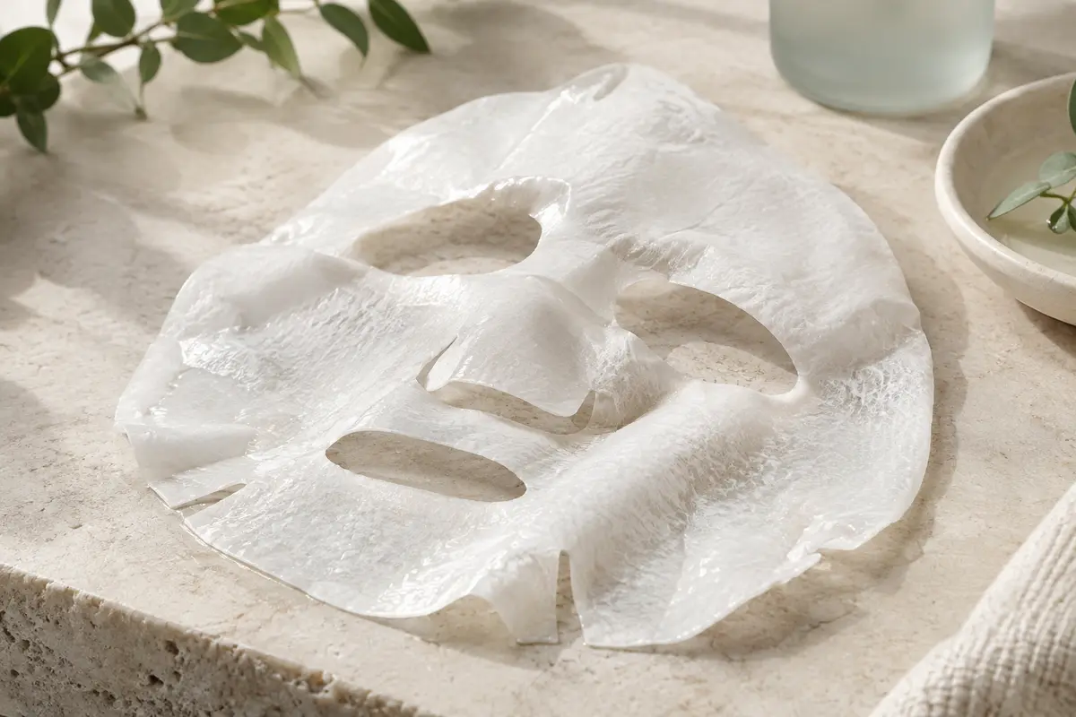 Masque visage en tissu blanc ultra-fin posé sur une pierre claire, avec sa texture imprégnée de sérum visible.