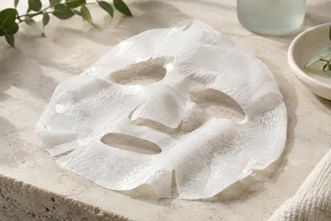 Masque visage en tissu blanc ultra-fin posé sur une pierre claire, avec sa texture imprégnée de sérum visible.