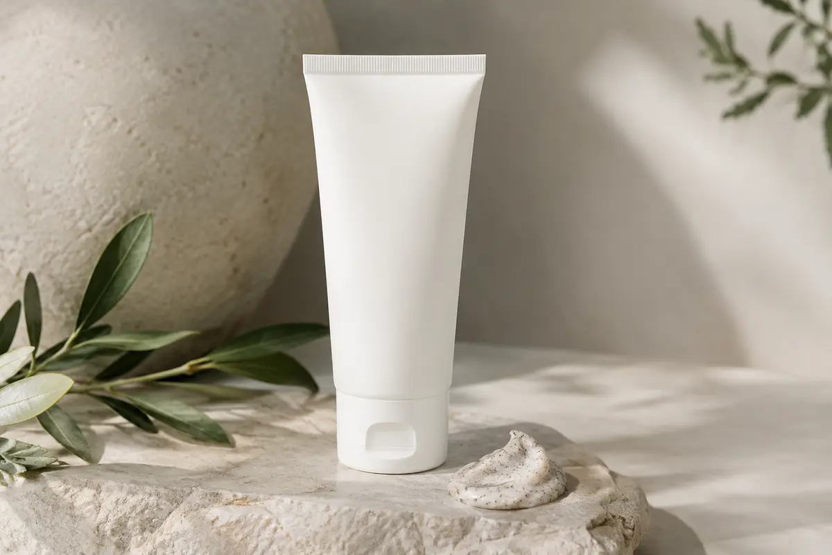 Contenant blanc en plastique du peeling visage Pure Carbon posé sur une pierre claire
