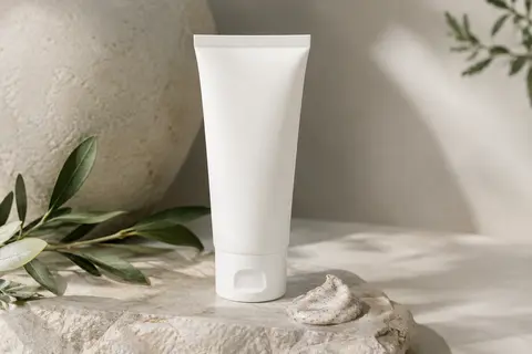 Contenant blanc en plastique du peeling visage Pure Carbon posé sur une pierre claire