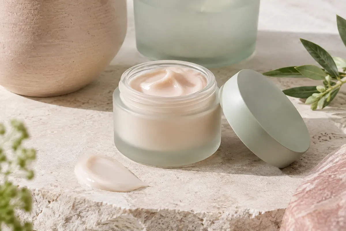 Soin de jour anti-rides dans un contenant compact posé sur une pierre claire avec une touche de lotion