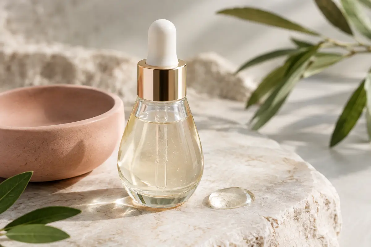 Flacon de sérum visage posé sur une pierre claire, accompagné d’une goutte de texture translucide.