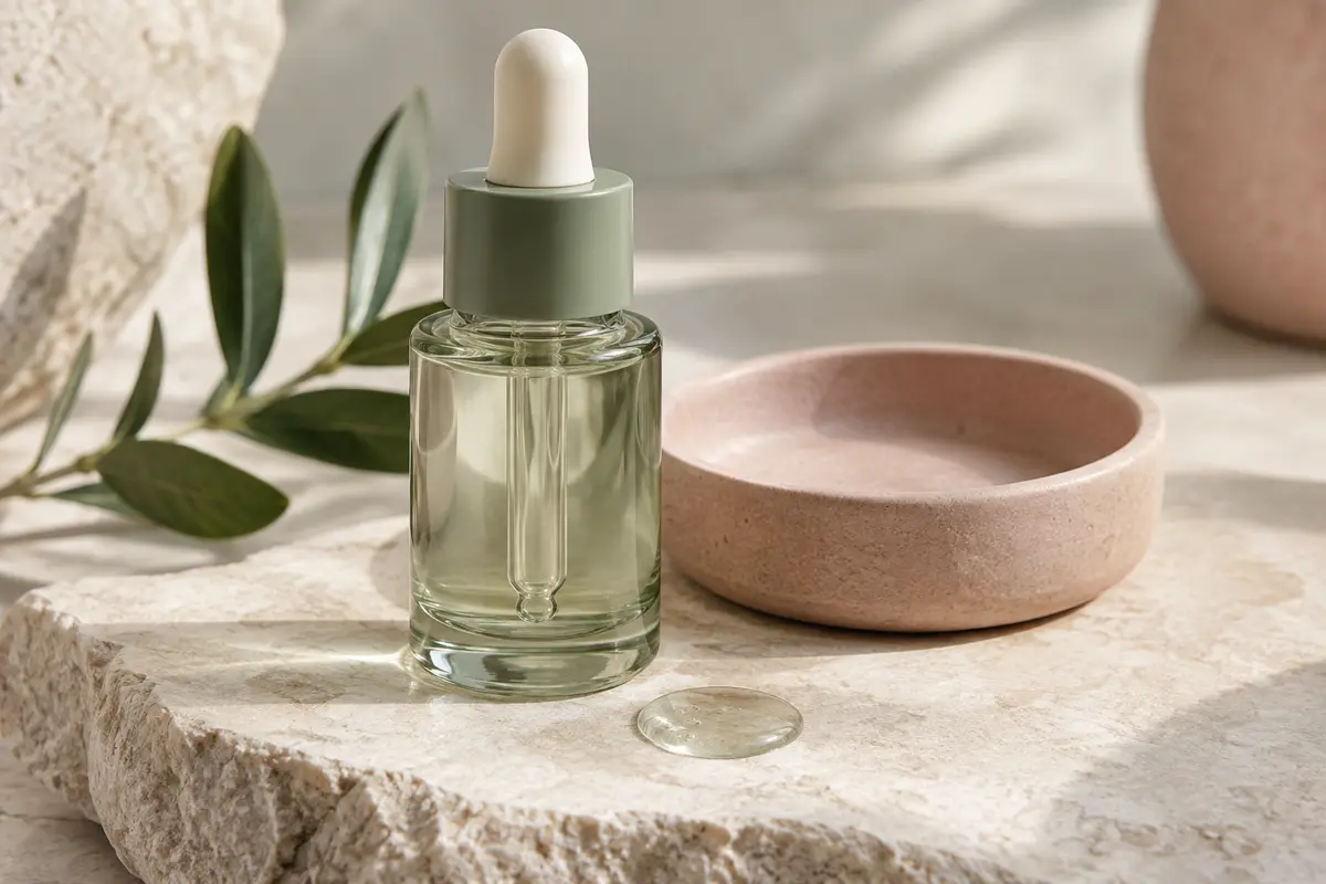 Flacon de sérum visage à pipette posé sur une pierre claire, accompagné d’une goutte de texture fluide