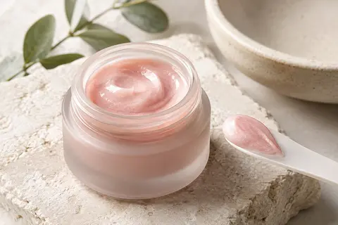 Crème contour des yeux rose nacrée présentée sur une pierre claire avec une petite touche de texture.