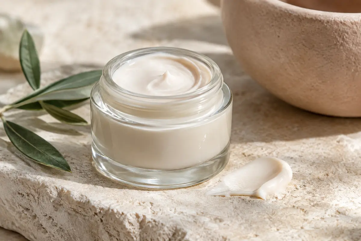 Pot de crème visage Oleo-Jeunesse posé sur une pierre claire, avec une touche de crème fondante