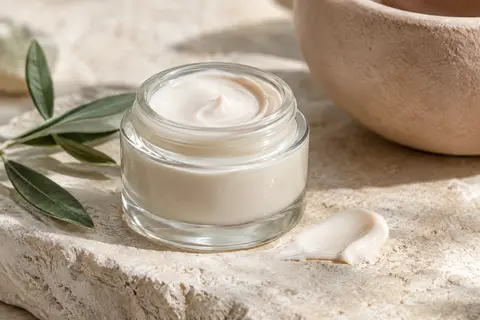 Pot de crème visage Oleo-Jeunesse posé sur une pierre claire, avec une touche de crème fondante