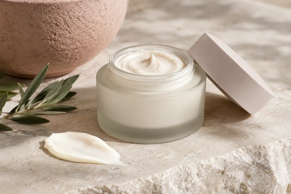 Crème hydratante à l’huile d’olive présentée sur une pierre claire avec une touche de texture veloutée