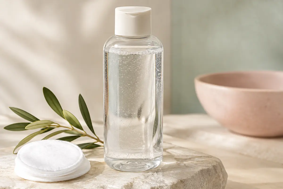 Bouteille d’eau micellaire posée sur une pierre claire avec un coton et un rameau d’olivier discret.