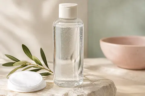 Bouteille d’eau micellaire posée sur une pierre claire avec un coton et un rameau d’olivier discret.