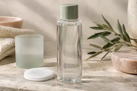Flacon d’eau micellaire posé sur une pierre claire avec un coton et une feuille d’olivier