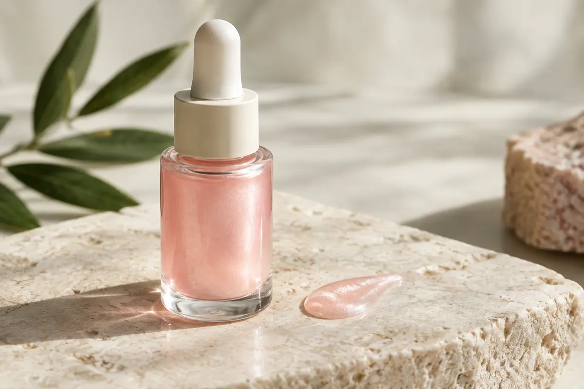 Flacon de sérum visage accompagné d’une touche de texture rose nacrée sur une pierre claire