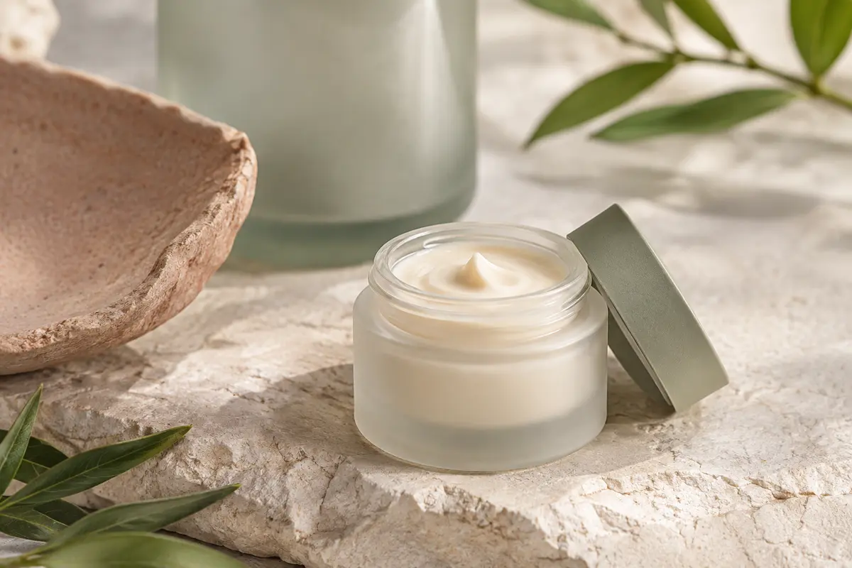 Soin contour des yeux Oleo-Jeunesse posé sur une pierre claire dans un décor lumineux et épuré