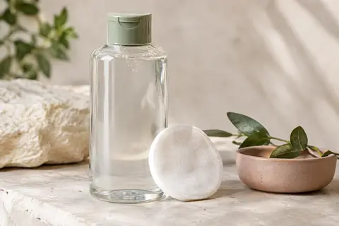 Flacon d’eau micellaire posé près d’un coton sur une pierre claire et une céramique mate