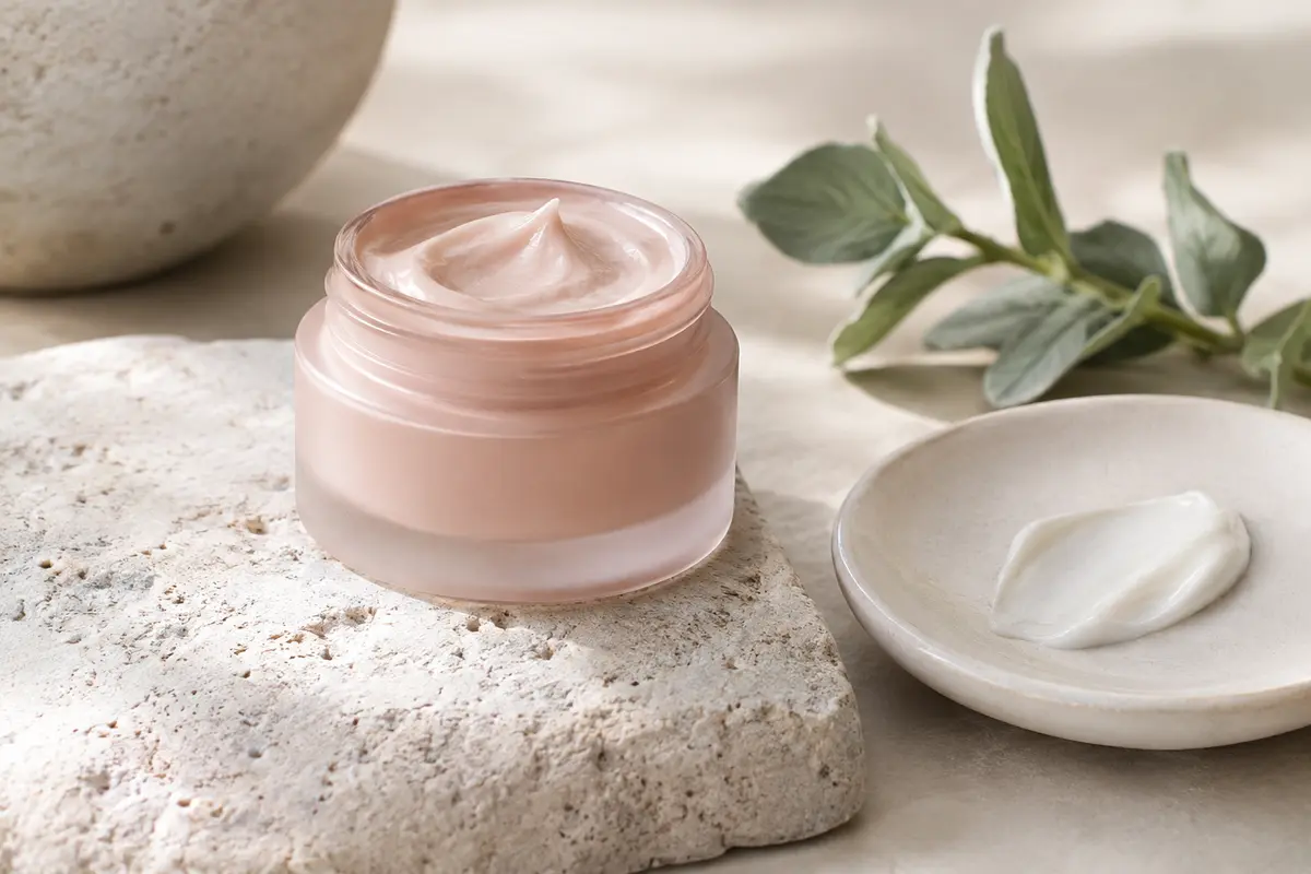 Petit soin ciblé pour le visage posé sur une pierre claire, accompagné d’une touche de crème blanche