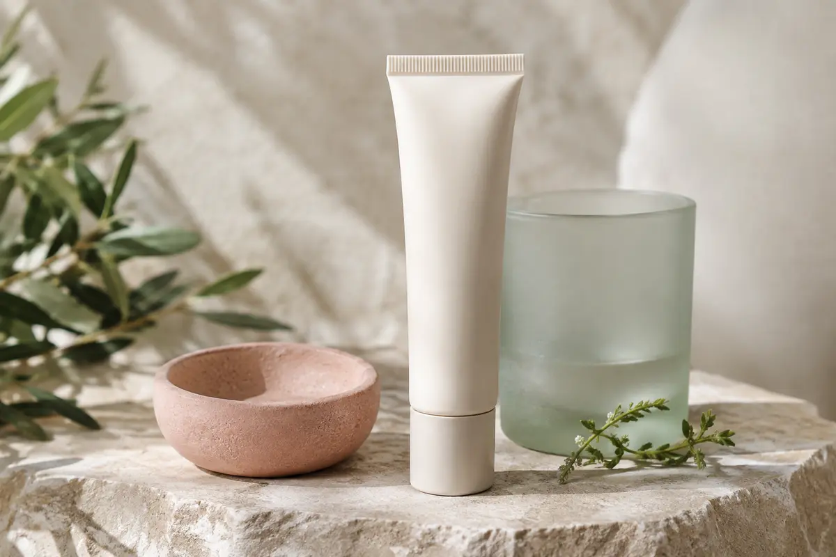 Tube de soin visage Effaclar Duo+M posé sur une pierre claire près d’un verre dépoli.