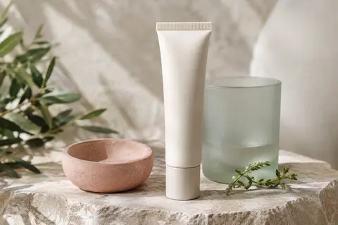 Tube de soin visage Effaclar Duo+M posé sur une pierre claire près d’un verre dépoli.