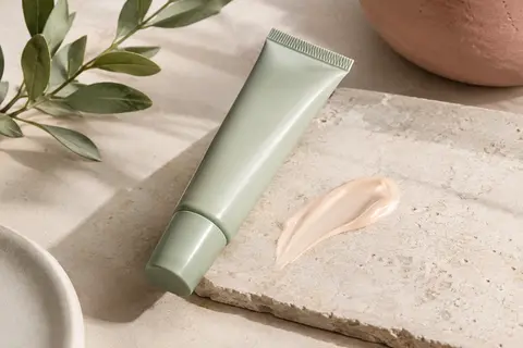 Tube de fluide solaire pour le visage posé sur une pierre claire, avec une touche de texture fluide