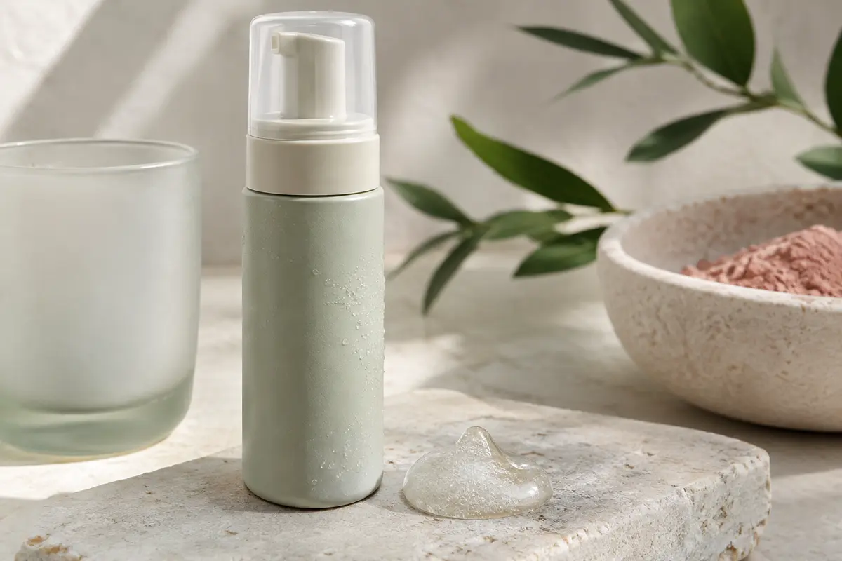 Gel nettoyant moussant dans un contenant vertical posé sur une pierre claire près d’un verre dépoli