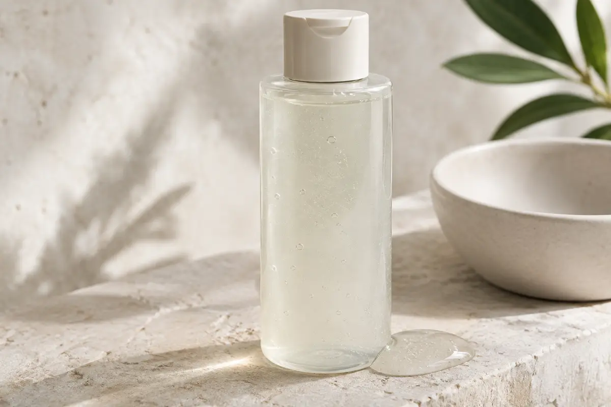 Gel nettoyant micro-peeling dans un contenant sobre, posé sur pierre claire avec une touche de gel visible