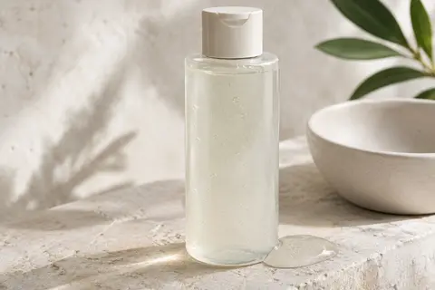 Gel nettoyant micro-peeling dans un contenant sobre, posé sur pierre claire avec une touche de gel visible
