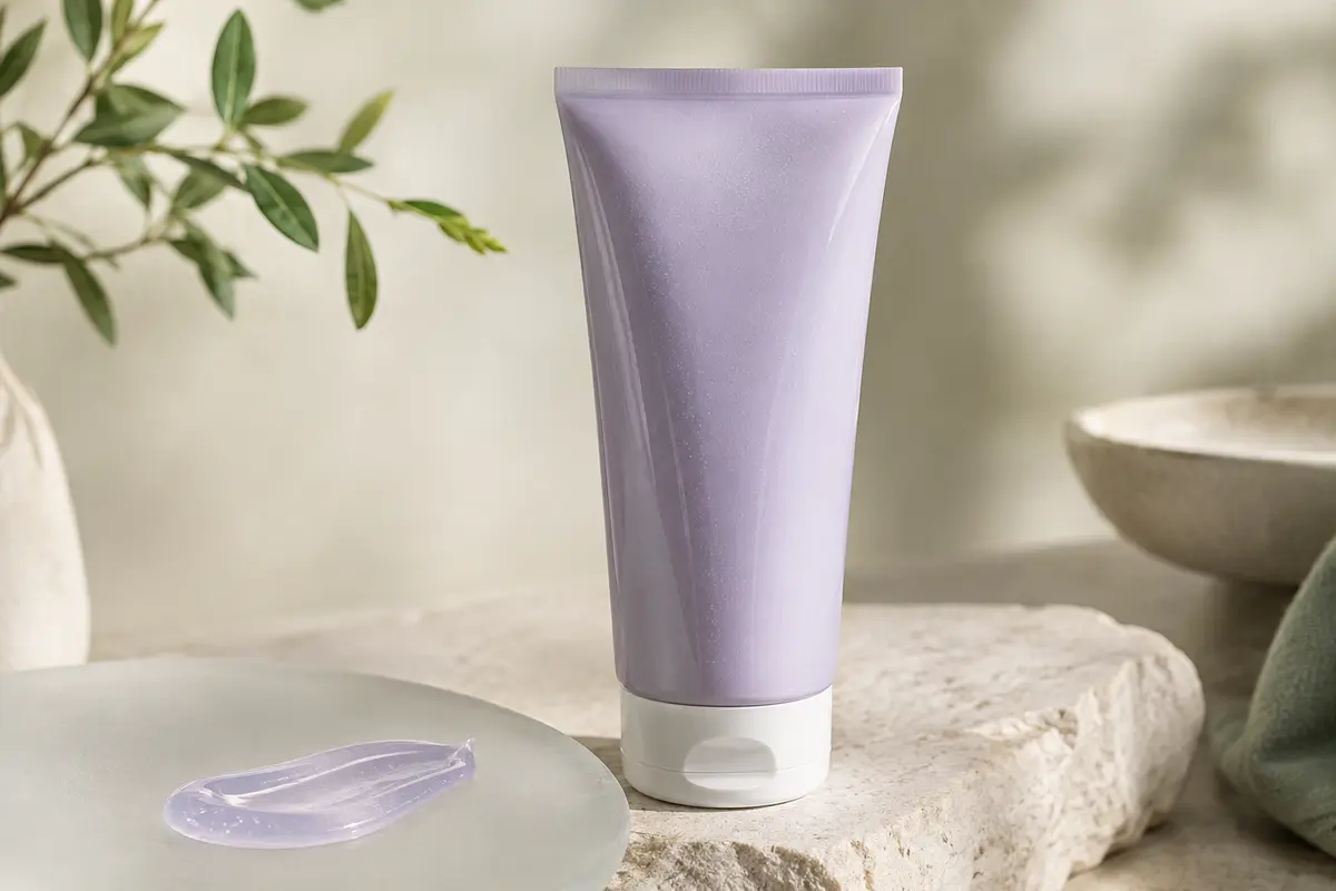 Gel nettoyant micro-peeling Mela B3 posé sur une pierre claire, près d’une touche de gel sur verre dépoli.