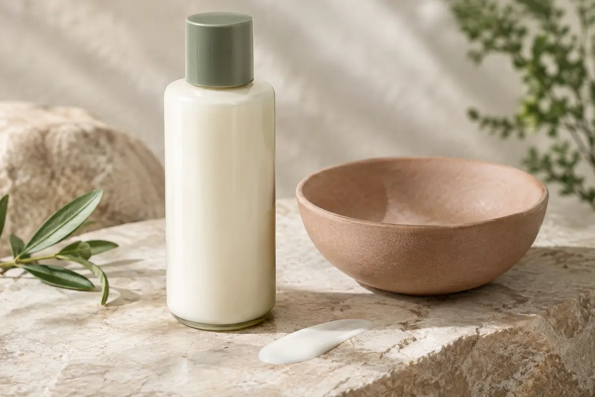 Flacon de lait nettoyant Toleriane posé sur une pierre claire près d’une texture lactée