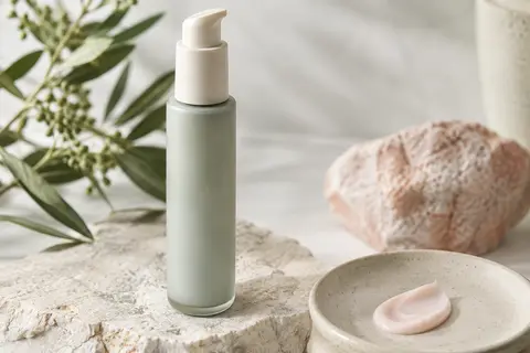 Soin apaisant visage présenté sur une pierre claire avec une touche de texture crème à proximité.
