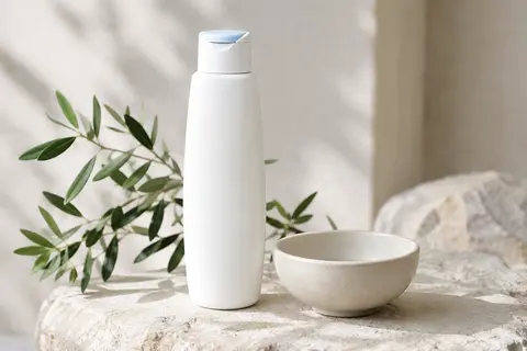 Flacon de lait nettoyant posé sur une pierre claire près d’une coupelle en céramique mate.