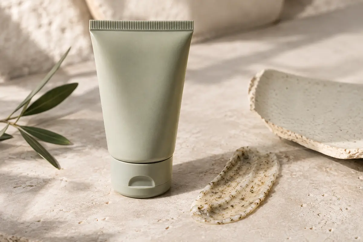 Gommage visage au noyau d’olive présenté près d’une petite touche exfoliante sur pierre claire