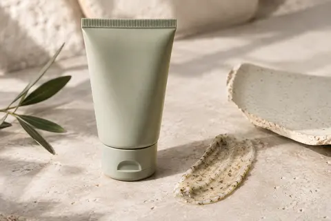 Gommage visage au noyau d’olive présenté près d’une petite touche exfoliante sur pierre claire