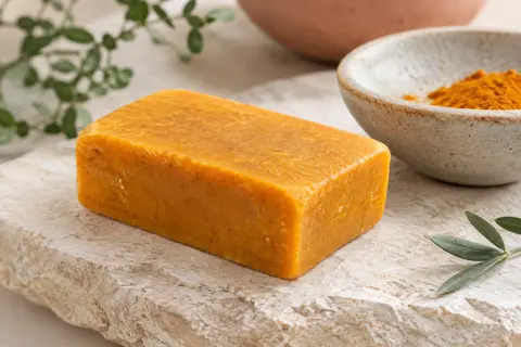 Barre de savon solide orange au curcuma posée sur une pierre claire près d’une coupelle en céramique.