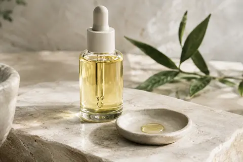 Flacon neutre d’huile de jojoba posé sur une pierre claire avec une goutte sur une coupelle mate