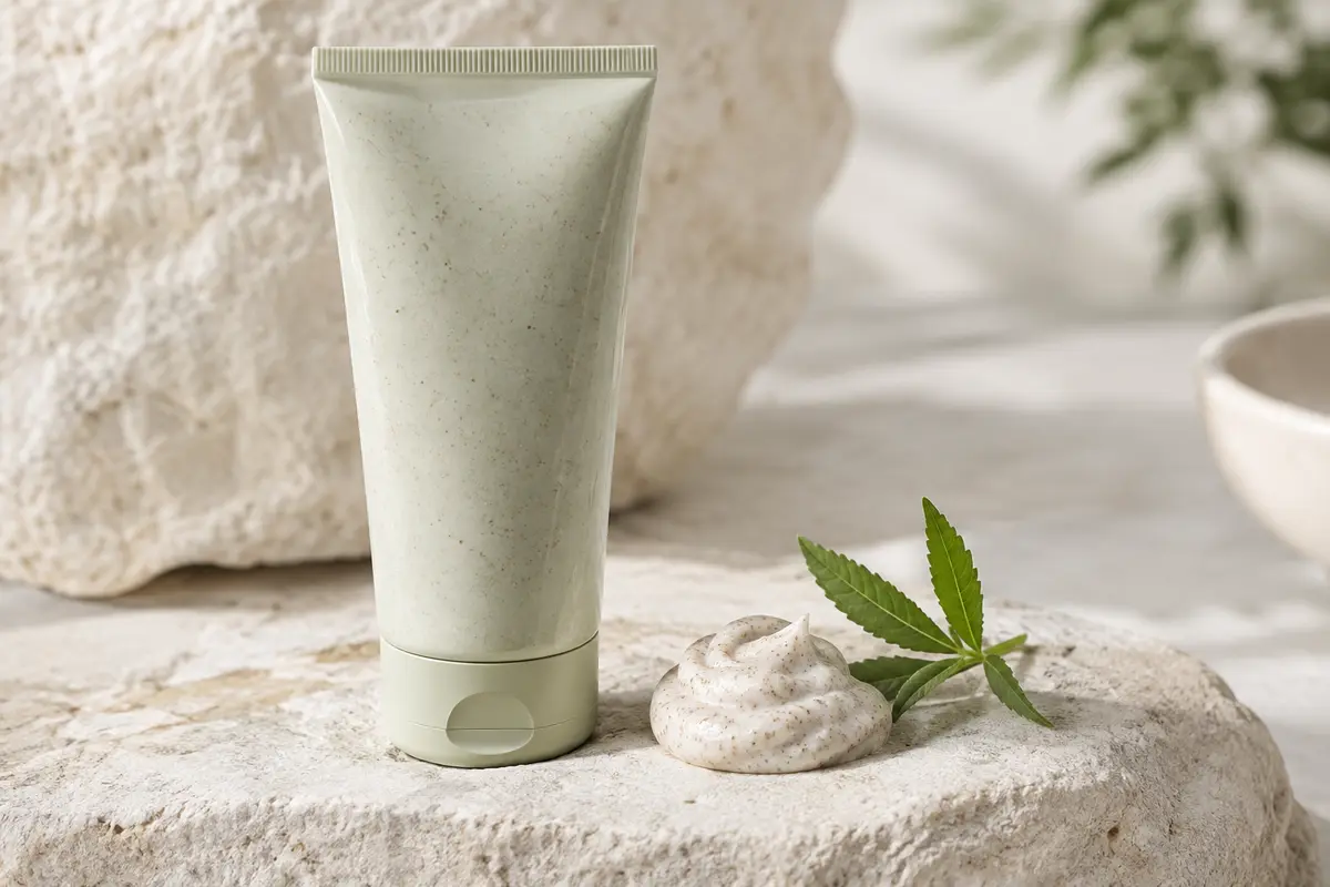 Tube de gommage visage posé sur une pierre claire, avec une noisette de crème à grains fins.