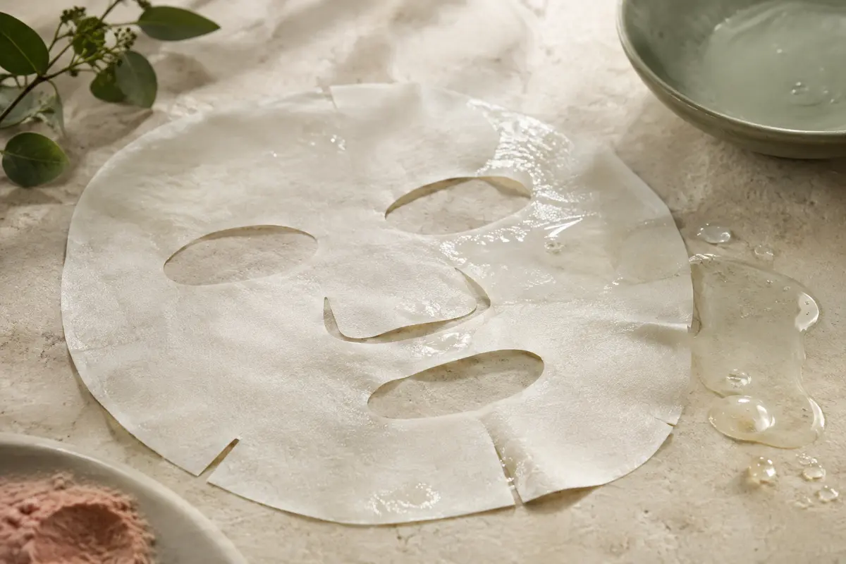 Masque visage en tissu et texture de sérum présentés sur une pierre claire, dans une lumière douce.
