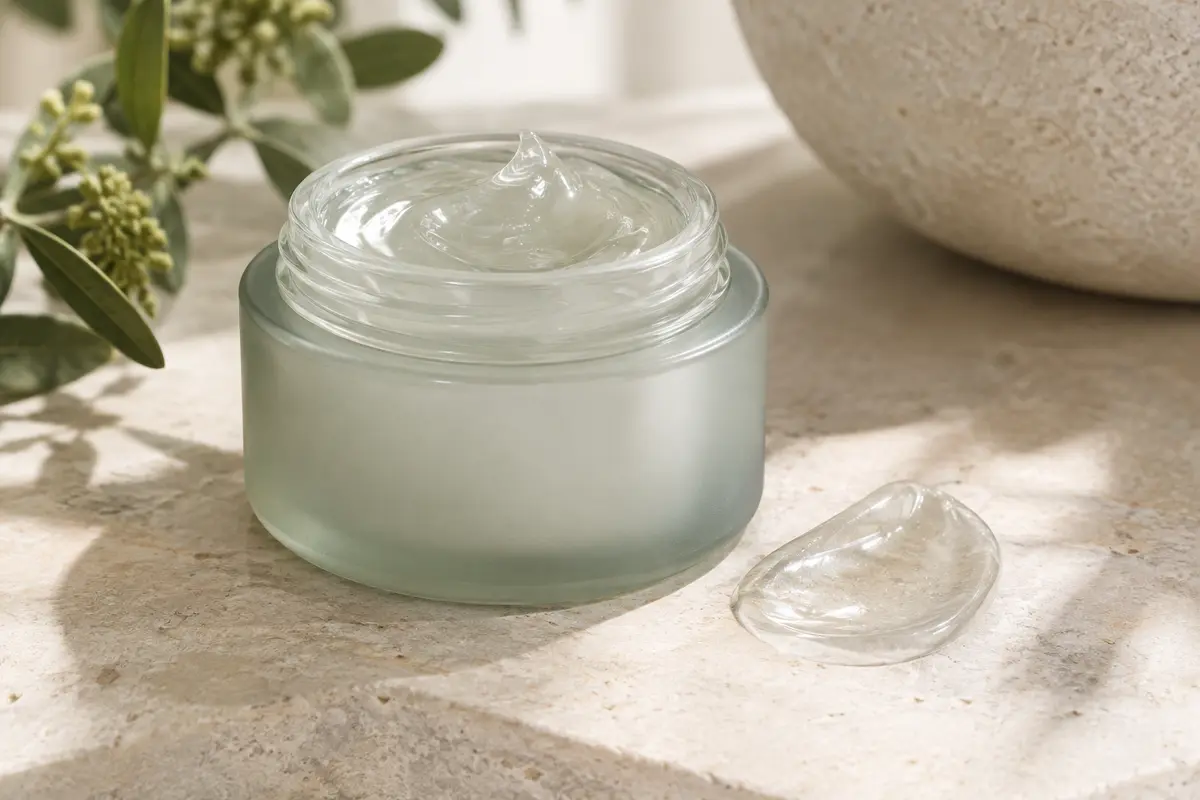 Pot sobre de masque de nuit en gel au collagène, accompagné d’une touche de texture translucide.