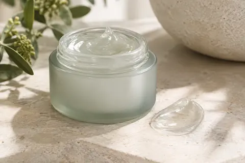Pot sobre de masque de nuit en gel au collagène, accompagné d’une touche de texture translucide.