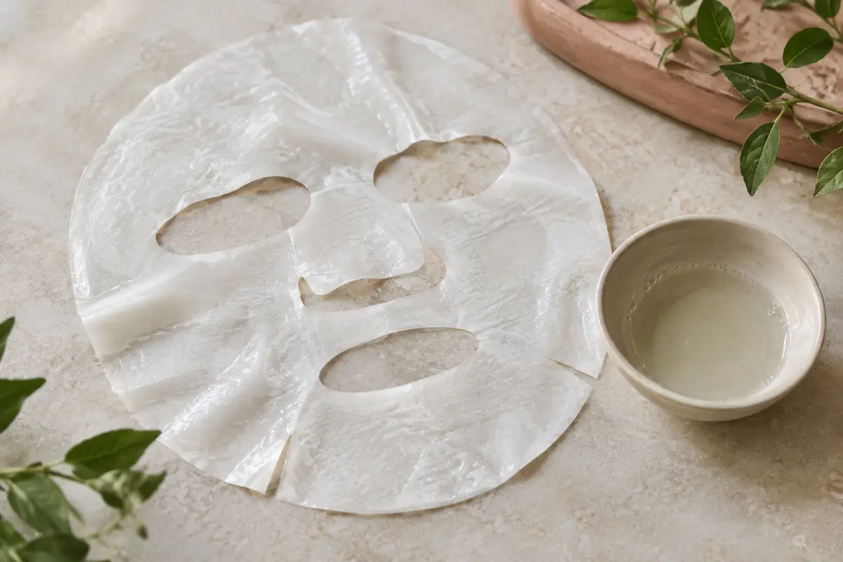 Masque visage en feuille imbibé de sérum, présenté sur une pierre claire près d’une coupelle mate.