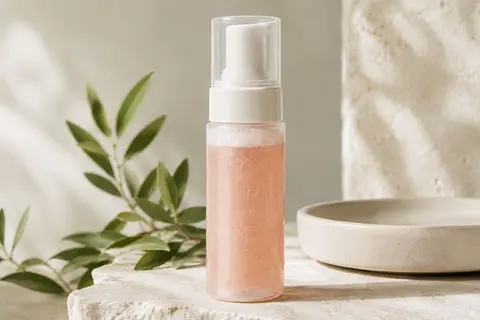 Nettoyant visage gelée-en-mousse en contenant vertical, posé sur une pierre claire près d’une touche végétale.