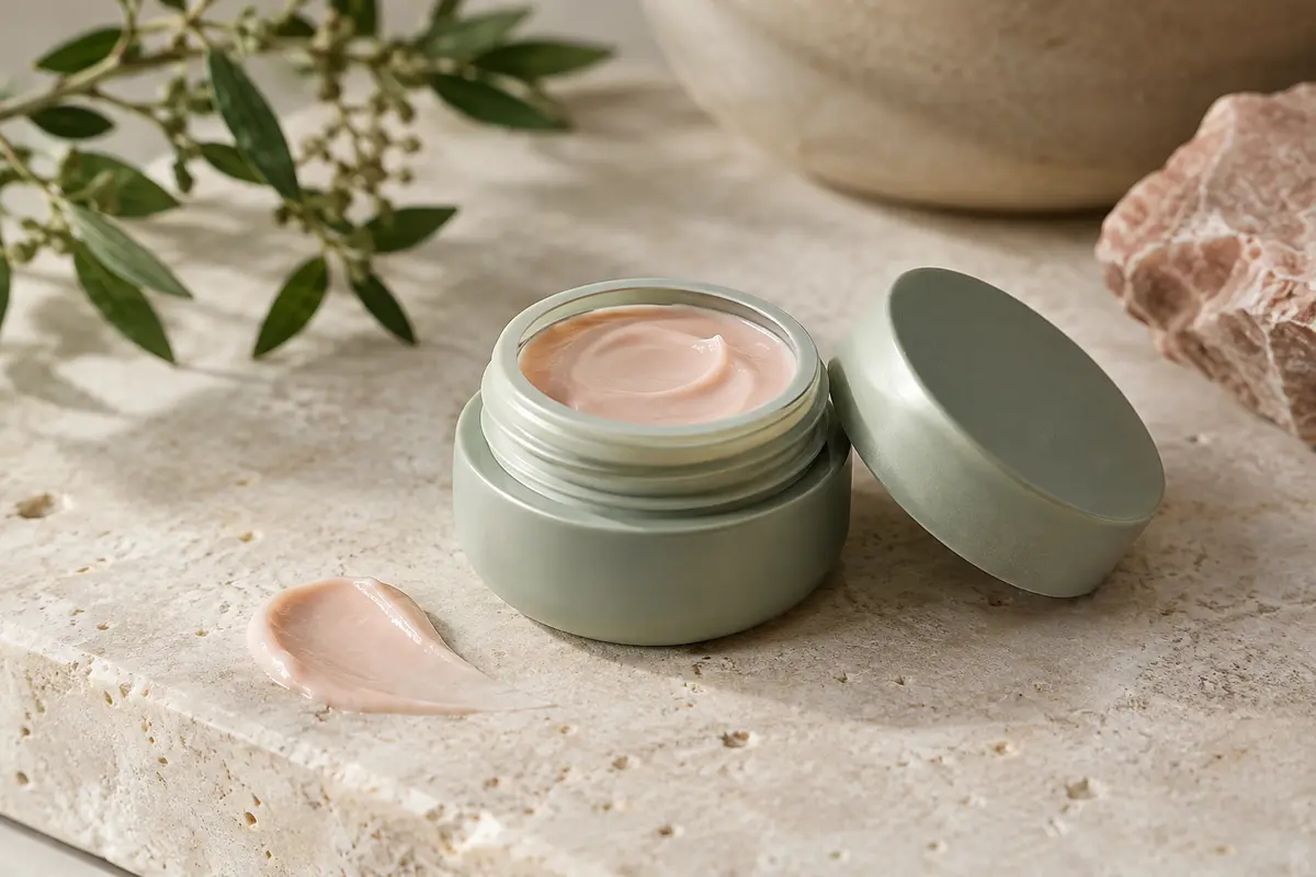 Sérum contour des yeux présenté sur une pierre claire avec une touche de texture soyeuse
