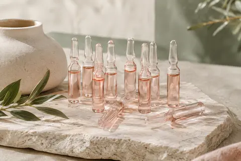 Dix ampoules de sérum visage posées sur une pierre claire dans une lumière naturelle douce.