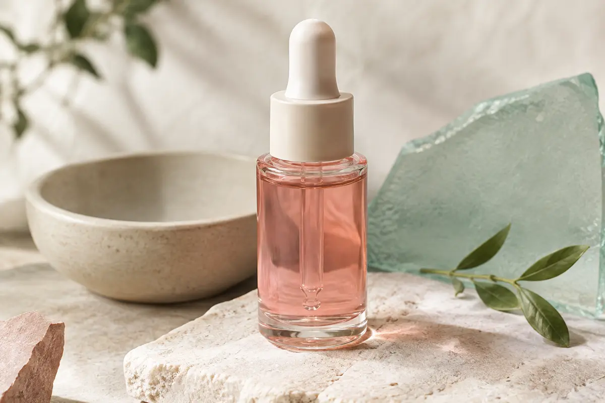 Contenant rose de sérum pour le visage et le cou posé sur une pierre claire, dans une lumière douce.