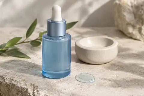 Sérum visage bleu posé sur une pierre claire, accompagné d’une petite goutte de texture.