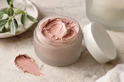 Masque visage à l’argile présenté près d’une touche de texture sur une pierre claire
