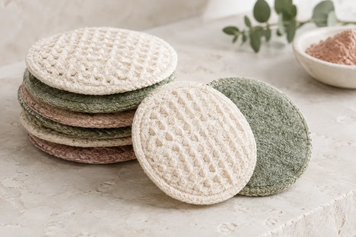 Pads exfoliants à double texture, avec une face gaufrée et une face douce, posés sur une pierre claire.