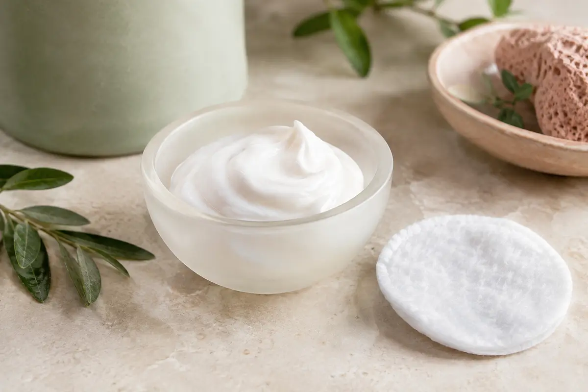 Texture blanche d’un lait démaquillant présentée dans une coupelle de verre avec un coton