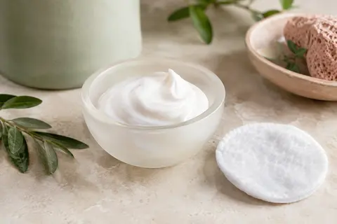 Texture blanche d’un lait démaquillant présentée dans une coupelle de verre avec un coton